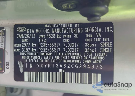 2012 Kia Sorento Lx z USA, uszkodzony, nr VIN 5XYKT3A62CG294973